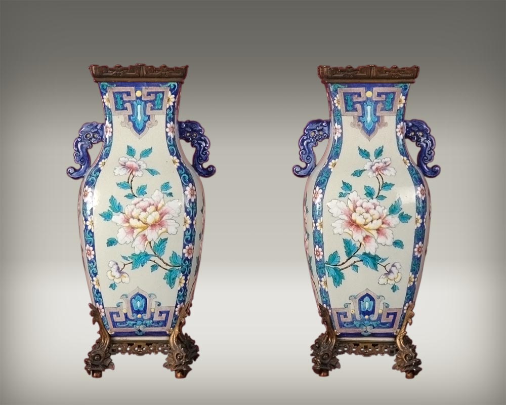 Maison Alphonse GIROUX et Charles FICQUENET : Paire de Vases japonisants Maison Alphonse GIROUX et Charles FICQUENET : Paire de Vases japonisants-0