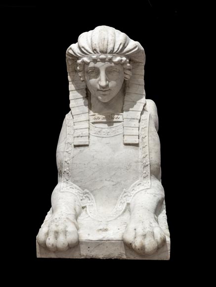 Paire de sphinges en marbre de Carrare sculpté, XIXᵉ siècle Paire de sphinges en marbre de Carrare sculpté, XIXᵉ siècle-1