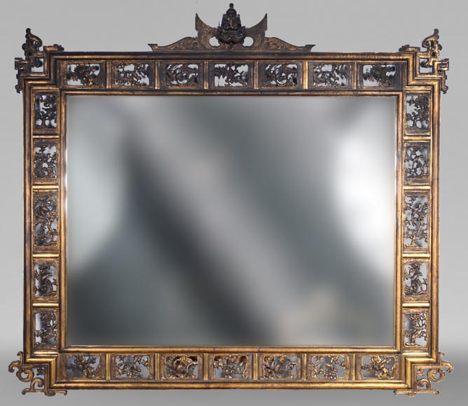 Maison MARNYHAC (attrib.) – Miroir en bronze doré ajouré, décor de style vietnamien Maison MARNYHAC (attrib.) – Miroir en bronze doré ajouré, décor de style vietnamien-0