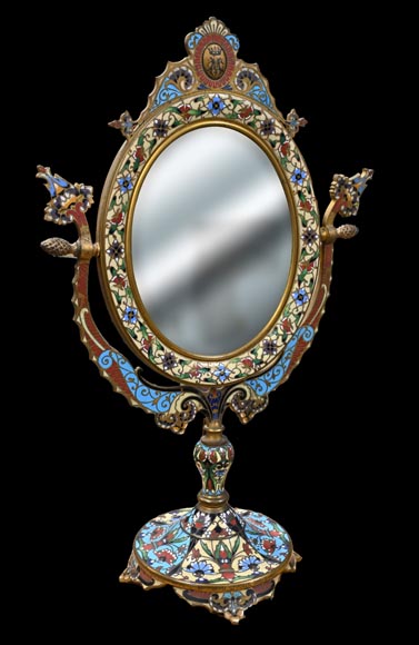 Miroir de table en bronze doré et émail champlevé, signé « Maison Alphonse GIROUX, Paris » Miroir de table en bronze doré et émail champlevé, signé « Maison Alphonse GIROUX, Paris »-1