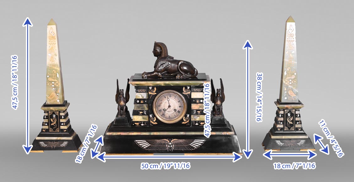 Garniture de cheminée égyptomanie en marbre noir, onyx vert et bronze doré Garniture de cheminée égyptomanie en marbre noir, onyx vert et bronze doré-14