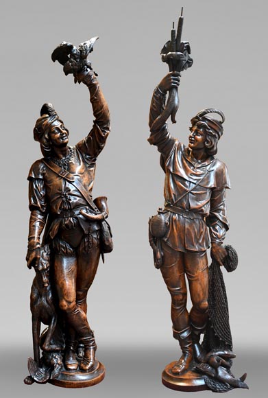RIBAILLER et MAZAROZ, Paire de statues en noyer d’un chasseur et d’un pêcheur, après l’Exposition universelle de 1855 RIBAILLER et MAZAROZ, Paire de statues en noyer d’un chasseur et d’un pêcheur, après l’Exposition universelle de 1855-0
