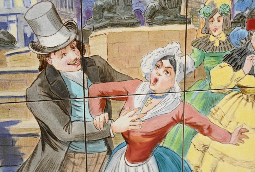 Faïencerie de Sarreguemines, Deux panneaux en céramique de scènes parisiennes, à partir de 1881 Faïencerie de Sarreguemines, Deux panneaux en céramique de scènes parisiennes, à partir de 1881-9