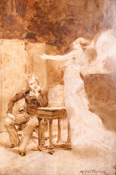 GEORGES MOREAU DE TOURS – Le peintre et sa muse, tableau en grisaille signé GEORGES MOREAU DE TOURS – Le peintre et sa muse, tableau en grisaille signé-1