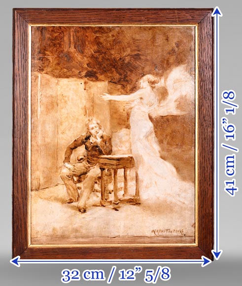 GEORGES MOREAU DE TOURS – Le peintre et sa muse, tableau en grisaille signé GEORGES MOREAU DE TOURS – Le peintre et sa muse, tableau en grisaille signé-8