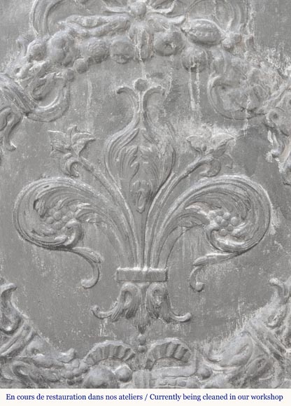 Plaque de cheminée de style Napoléon III à fleur de lys stylisée, entourée d'une couronne végétale Plaque de cheminée de style Napoléon III à fleur de lys stylisée, entourée d'une couronne végétale-1
