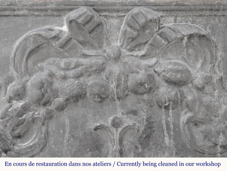 Plaque de cheminée de style Napoléon III à fleur de lys stylisée, entourée d'une couronne végétale Plaque de cheminée de style Napoléon III à fleur de lys stylisée, entourée d'une couronne végétale-2