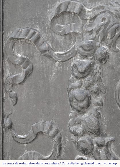 Plaque de cheminée de style Napoléon III à fleur de lys stylisée, entourée d'une couronne végétale Plaque de cheminée de style Napoléon III à fleur de lys stylisée, entourée d'une couronne végétale-3