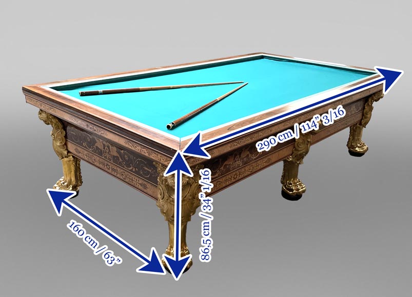 PORET ET PANNETIER, Billard français de style Louis-Philippe à riche décor de marqueterie reposant sur six pieds de lion en bronze doré PORET ET PANNETIER, Billard français de style Louis-Philippe à riche décor de marqueterie reposant sur six pieds de lion en bronze doré-10