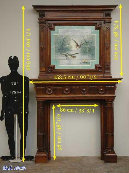 Cheminée ancienne en noyer avec trumeau en faïence Cheminée ancienne en noyer avec trumeau en faïence-6