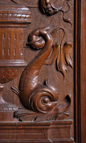 Egisto GAJANI - Très beau meuble bas de style Néo-Renaissance en noyer sculpté daté de 1876 Egisto GAJANI - Très beau meuble bas de style Néo-Renaissance en noyer sculpté daté de 1876-7