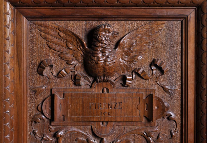 Egisto GAJANI - Très beau meuble bas de style Néo-Renaissance en noyer sculpté daté de 1876 Egisto GAJANI - Très beau meuble bas de style Néo-Renaissance en noyer sculpté daté de 1876-9