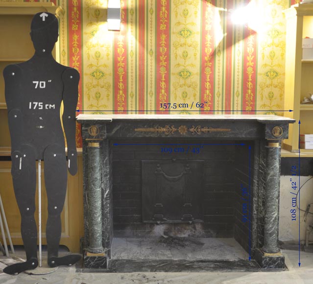 Belle cheminée ancienne de style Empire en marbre Vert de Mer à ornements de bronze Belle cheminée ancienne de style Empire en marbre Vert de Mer à ornements de bronze-11