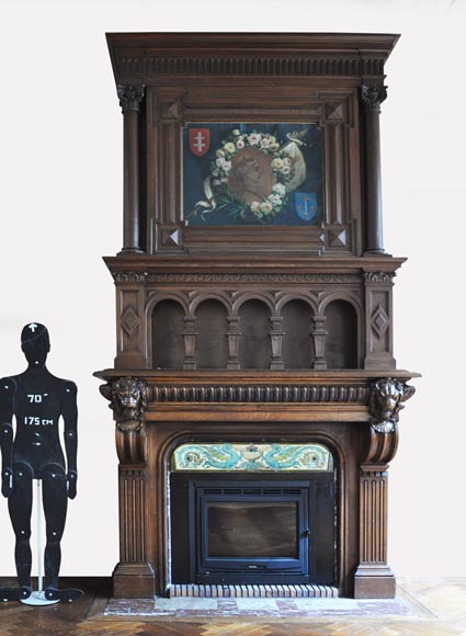 Grande cheminée en bois de chêne avec peinture sur toile figurant Jeanne d'Arc Grande cheminée en bois de chêne avec peinture sur toile figurant Jeanne d'Arc-0