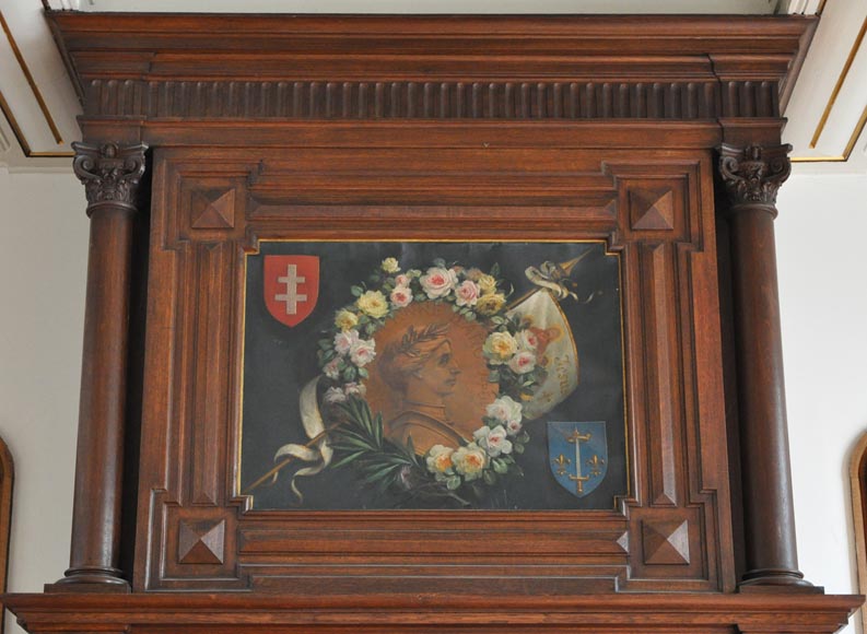 Grande cheminée en bois de chêne avec peinture sur toile figurant Jeanne d'Arc Grande cheminée en bois de chêne avec peinture sur toile figurant Jeanne d'Arc-2