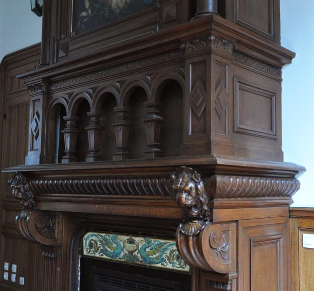 Grande cheminée en bois de chêne avec peinture sur toile figurant Jeanne d'Arc Grande cheminée en bois de chêne avec peinture sur toile figurant Jeanne d'Arc-6