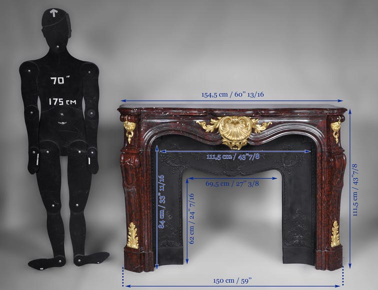 Très belle cheminée ancienne de style Louis XV en marbre Rouge Griotte à ornements de bronze doré Très belle cheminée ancienne de style Louis XV en marbre Rouge Griotte à ornements de bronze doré-13