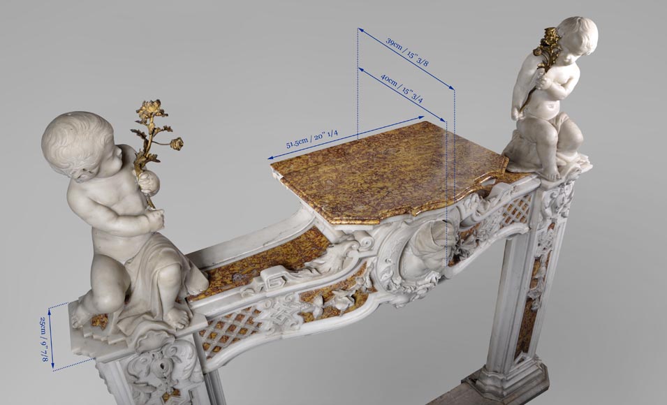 Exceptionnelle cheminée ancienne de la fin du XVIIIe siècle en marbres Statuaire et Brocatelle à putti Exceptionnelle cheminée ancienne de la fin du XVIIIe siècle en marbres Statuaire et Brocatelle à putti-19