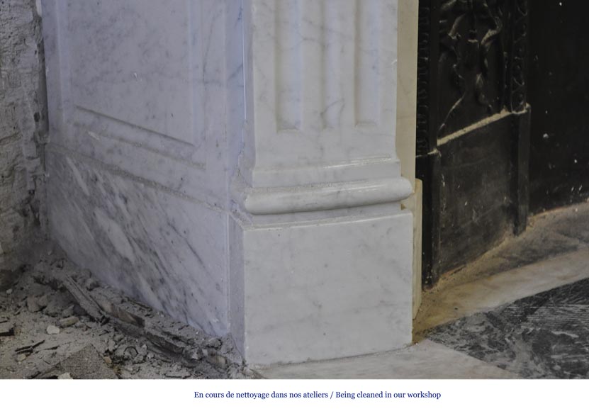 Grande cheminée de style Louis XVI en marbre Blanc de Carrare avec son intérieur en fonte et son trumeau Grande cheminée de style Louis XVI en marbre Blanc de Carrare avec son intérieur en fonte et son trumeau-6