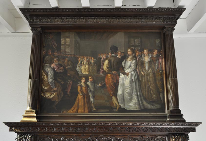 Importante cheminée ancienne en noyer sculpté et huile sur toile du XVIIè siècle d'après Giovanni Andrea CASELLA  Importante cheminée ancienne en noyer sculpté et huile sur toile du XVIIè siècle d'après Giovanni Andrea CASELLA -1