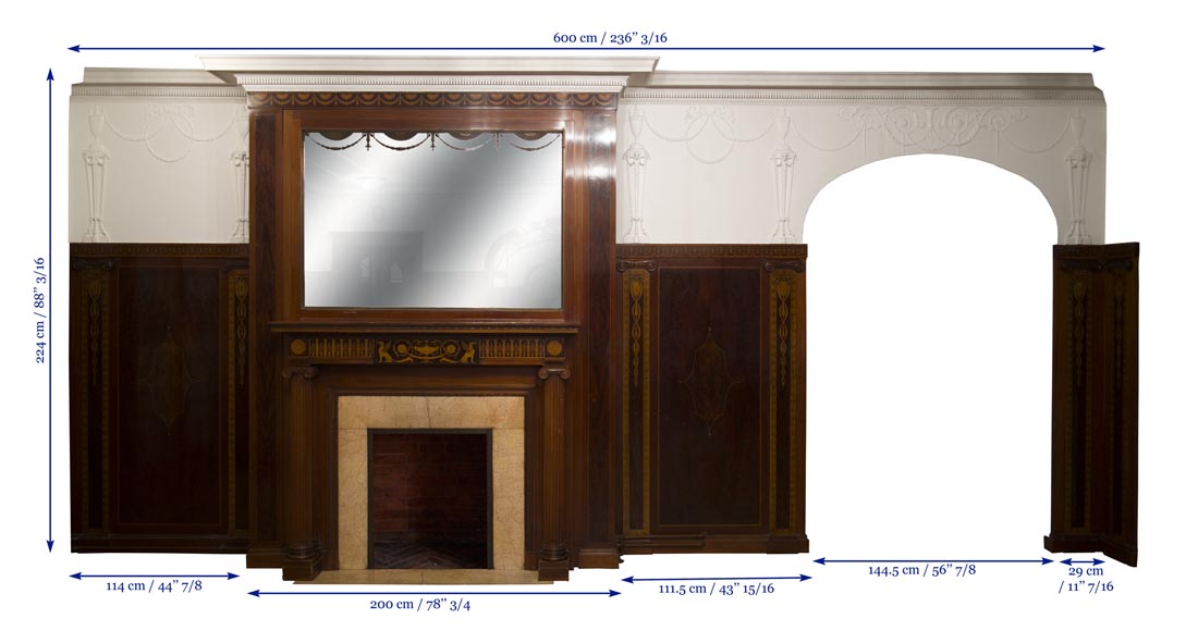 Exceptionnelle pièce de boiserie complète de style Regency en marqueterie d'acajou avec sa cheminée, France XIXè siècle Exceptionnelle pièce de boiserie complète de style Regency en marqueterie d'acajou avec sa cheminée, France XIXè siècle-25