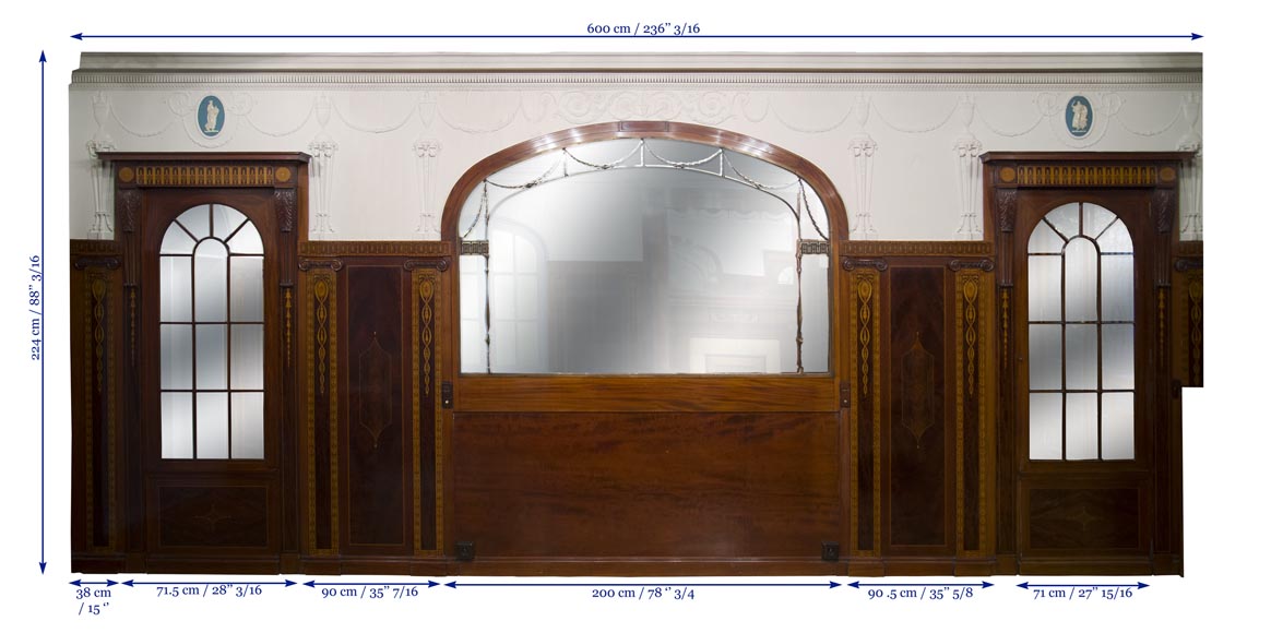 Exceptionnelle pièce de boiserie complète de style Regency en marqueterie d'acajou avec sa cheminée, France XIXè siècle Exceptionnelle pièce de boiserie complète de style Regency en marqueterie d'acajou avec sa cheminée, France XIXè siècle-29