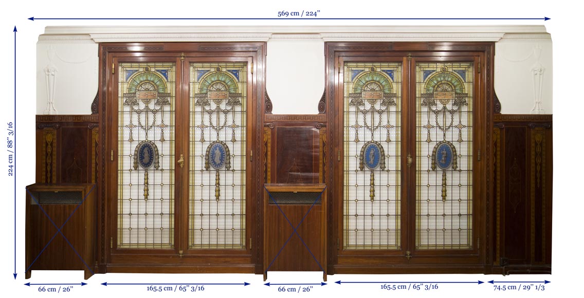 Exceptionnelle pièce de boiserie complète de style Regency en marqueterie d'acajou avec sa cheminée, France XIXè siècle Exceptionnelle pièce de boiserie complète de style Regency en marqueterie d'acajou avec sa cheminée, France XIXè siècle-30