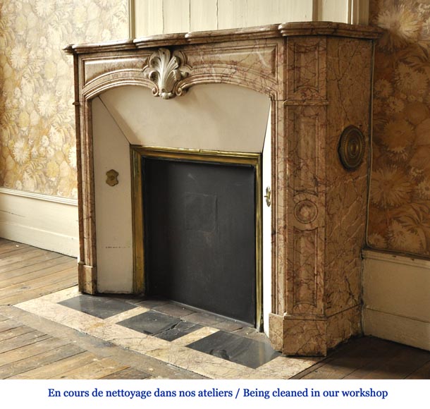 Cheminée ancienne de style Louis XV en mabre Breccia Nuvolata avec sa coquille en marbre de Carrare Cheminée ancienne de style Louis XV en mabre Breccia Nuvolata avec sa coquille en marbre de Carrare-5