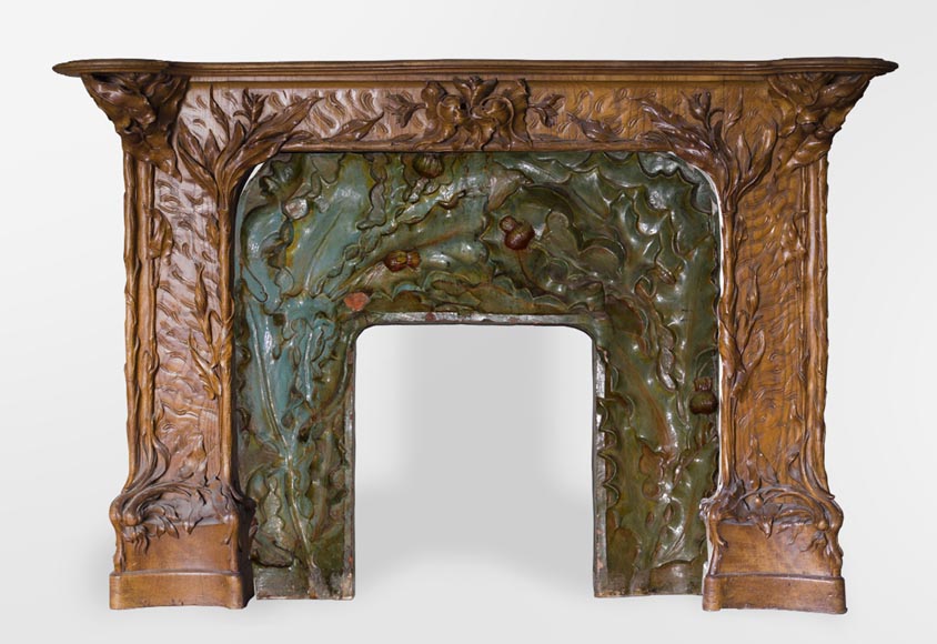 Exceptionnelle pièce de boiserie Art Nouveau avec sa cheminée, en noyer sculpté, loupe, pin et décor de céramique Exceptionnelle pièce de boiserie Art Nouveau avec sa cheminée, en noyer sculpté, loupe, pin et décor de céramique-1