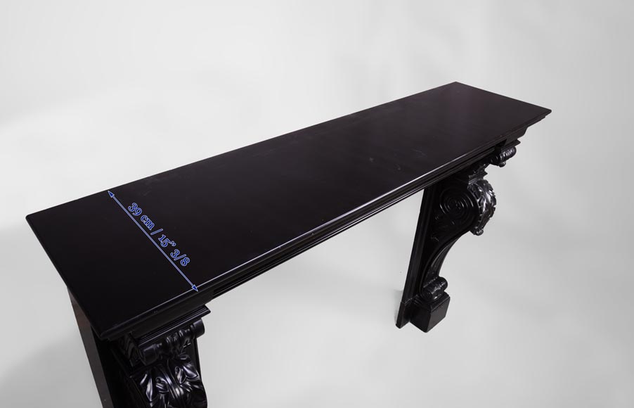 Belle cheminée ancienne de style Napoléon III à enroulements et feuilles d'acanthe en marbre Noir Fin de Belgique Belle cheminée ancienne de style Napoléon III à enroulements et feuilles d'acanthe en marbre Noir Fin de Belgique-9