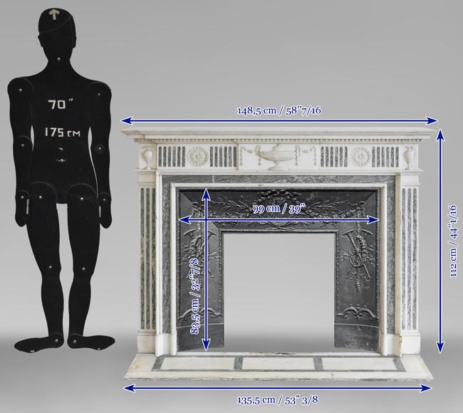 Belle cheminée ancienne de style Victorien en marbre Statuaire de Carrare et incrustations de marbre Vert d'Estours aux vases et à la coupe Belle cheminée ancienne de style Victorien en marbre Statuaire de Carrare et incrustations de marbre Vert d'Estours aux vases et à la coupe-12