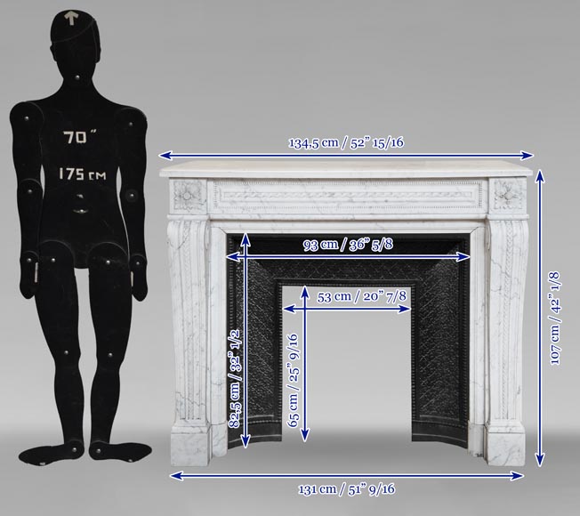 Cheminée de style Louis XVI en marbre de Carrare veiné au bandeau perlé Cheminée de style Louis XVI en marbre de Carrare veiné au bandeau perlé-10