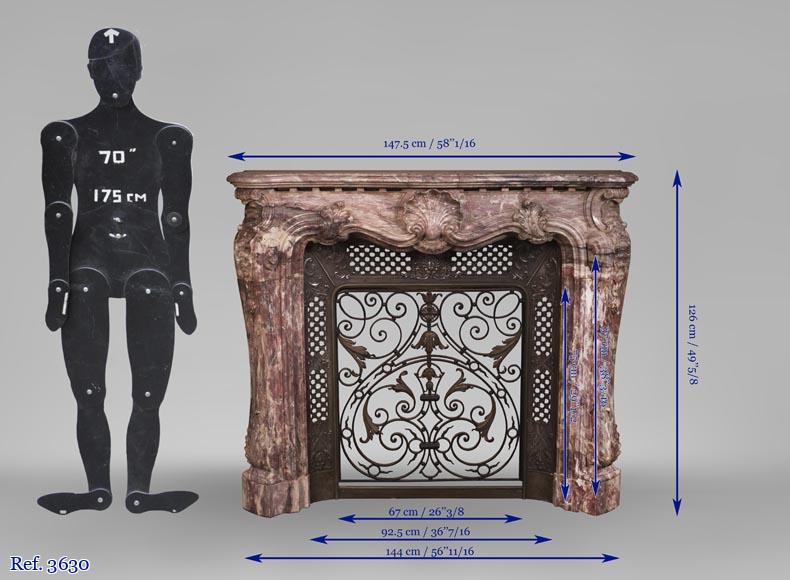 Très belle cheminée ancienne de style Louis XV en marbre Fleur de Pêcher richement sculptée Très belle cheminée ancienne de style Louis XV en marbre Fleur de Pêcher richement sculptée-16