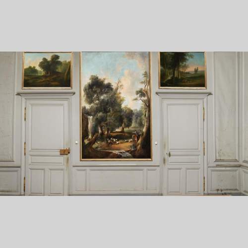Boiserie en chêne peint avec dix tableaux de scènes de chasse d’A. Chaintieuil dans une demeure du centre de la France, 1827