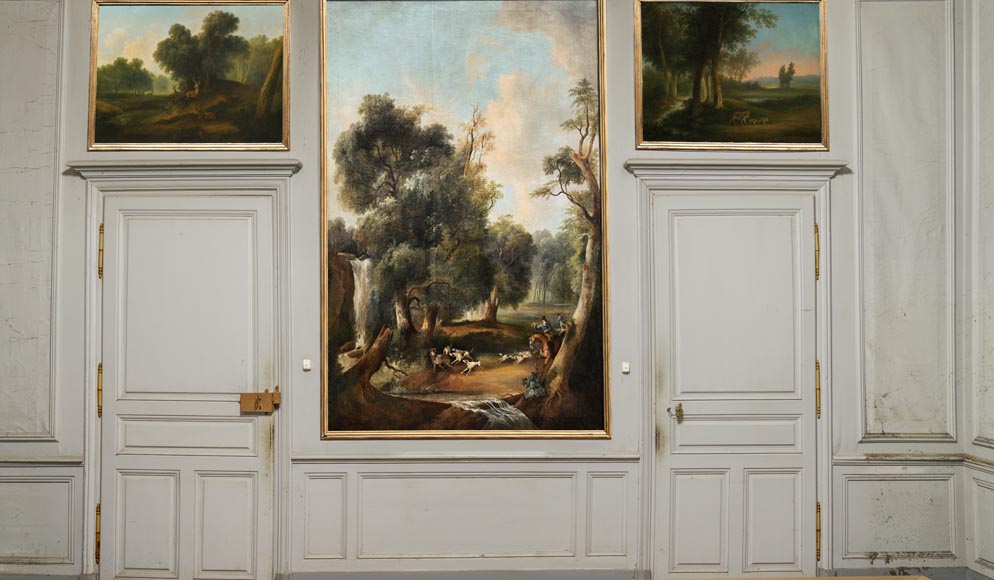 Boiserie en chêne peint avec dix tableaux de scènes de chasse d’A. Chaintieuil dans une demeure du centre de la France, 1827 Boiserie en chêne peint avec dix tableaux de scènes de chasse d’A. Chaintieuil dans une demeure du centre de la France, 1827-0