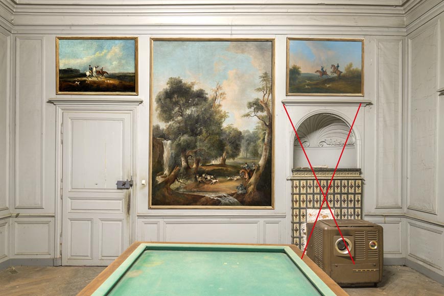 Boiserie en chêne peint avec dix tableaux de scènes de chasse d’A. Chaintieuil dans une demeure du centre de la France, 1827 Boiserie en chêne peint avec dix tableaux de scènes de chasse d’A. Chaintieuil dans une demeure du centre de la France, 1827-4