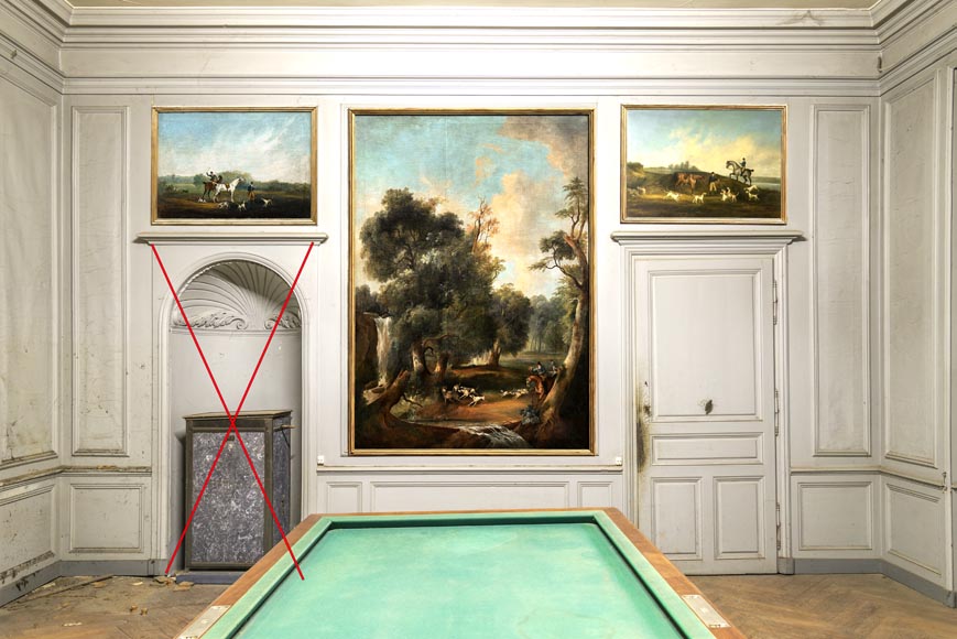 Boiserie en chêne peint avec dix tableaux de scènes de chasse d’A. Chaintieuil dans une demeure du centre de la France, 1827 Boiserie en chêne peint avec dix tableaux de scènes de chasse d’A. Chaintieuil dans une demeure du centre de la France, 1827-8