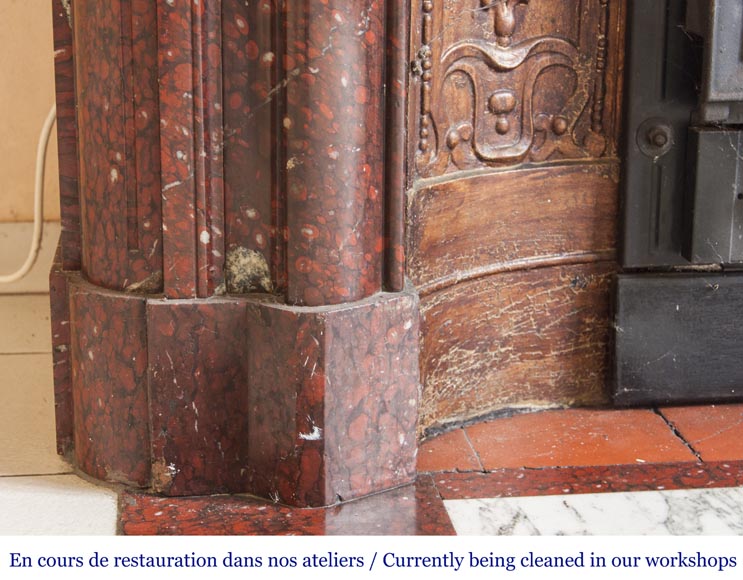 Cheminée ancienne de style Louis XIV, à acrotère et boudin, en marbre Rouge Griotte Cheminée ancienne de style Louis XIV, à acrotère et boudin, en marbre Rouge Griotte-4