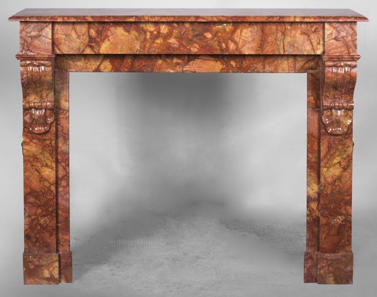 Cheminée ancienne de style Napoléon III, en marbre Brèche Sanguine, à modillons Cheminée ancienne de style Napoléon III, en marbre Brèche Sanguine, à modillons-0