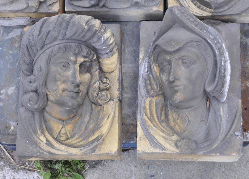 Ensemble de visages sculptés et d'éléments décoratifs en pierre de Soleil des Ardennes, fin du XIXe siècle Ensemble de visages sculptés et d'éléments décoratifs en pierre de Soleil des Ardennes, fin du XIXe siècle-2