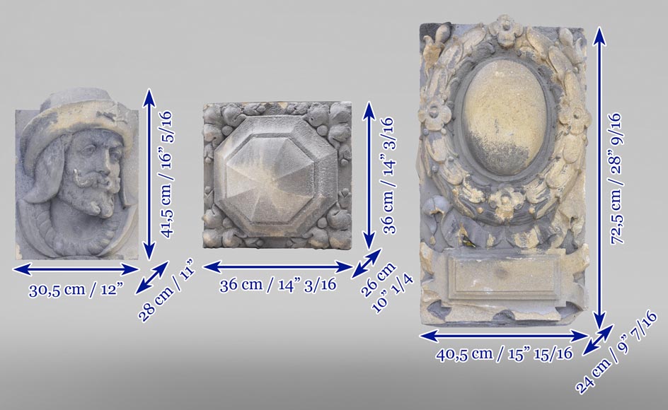 Ensemble de visages sculptés et d'éléments décoratifs en pierre de Soleil des Ardennes, fin du XIXe siècle-15