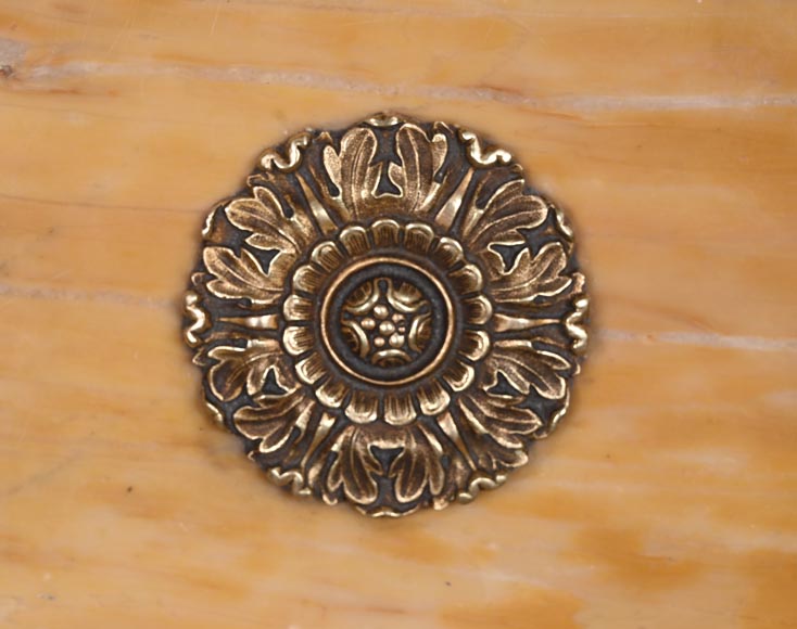 Cheminée de style Empire en marbre Jaune de Sienne à colonnes et rosaces en bronze doré Cheminée de style Empire en marbre Jaune de Sienne à colonnes et rosaces en bronze doré-2
