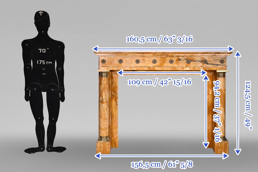 Cheminée de style Empire en marbre Jaune de Sienne à colonnes et rosaces en bronze doré Cheminée de style Empire en marbre Jaune de Sienne à colonnes et rosaces en bronze doré-12