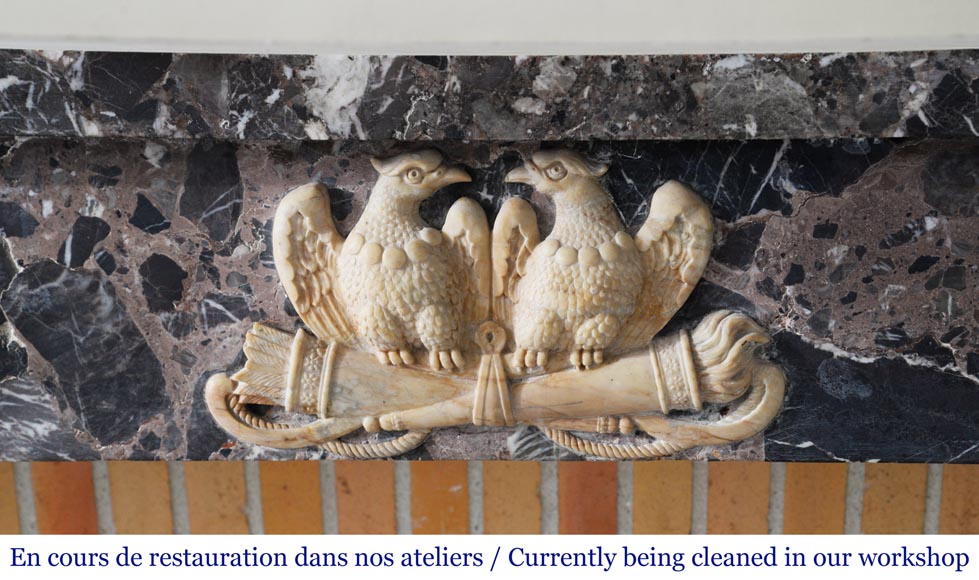 Cheminée ancienne de style Empire en brêche de Waulsort et décors en albâtre Cheminée ancienne de style Empire en brêche de Waulsort et décors en albâtre-1