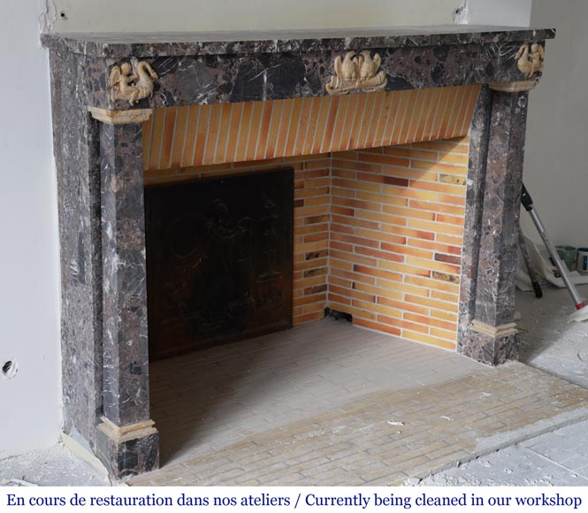 Cheminée ancienne de style Empire en brêche de Waulsort et décors en albâtre Cheminée ancienne de style Empire en brêche de Waulsort et décors en albâtre-2