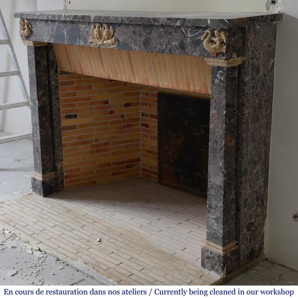 Cheminée ancienne de style Empire en brêche de Waulsort et décors en albâtre Cheminée ancienne de style Empire en brêche de Waulsort et décors en albâtre-5