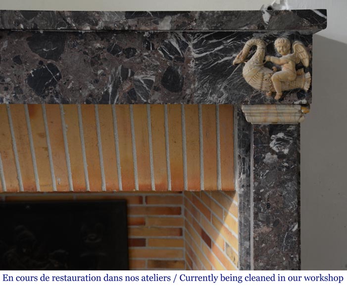 Cheminée ancienne de style Empire en brêche de Waulsort et décors en albâtre Cheminée ancienne de style Empire en brêche de Waulsort et décors en albâtre-6