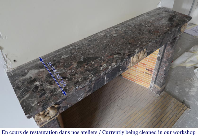 Cheminée ancienne de style Empire en brêche de Waulsort et décors en albâtre Cheminée ancienne de style Empire en brêche de Waulsort et décors en albâtre-8