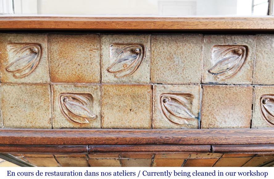 Gentil & Bourdet (attribué à), cheminée ancienne Art Nouveau en chêne et grès Gentil & Bourdet (attribué à), cheminée ancienne Art Nouveau en chêne et grès-1