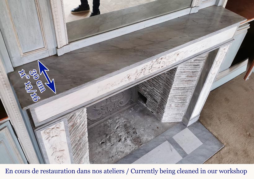 Cheminée de style Louis XVI en marbre statuaire et Bleu Turquin aux instruments de musique Cheminée de style Louis XVI en marbre statuaire et Bleu Turquin aux instruments de musique-13